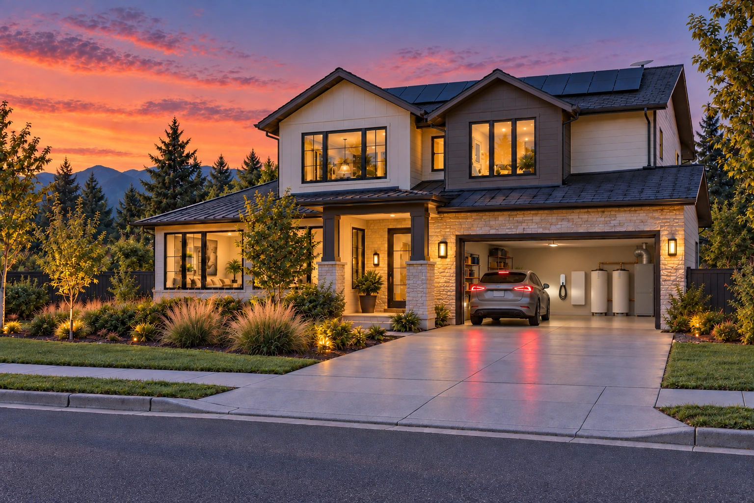 Illustrative home at dusk with rooftop solar and equipment in the garage.