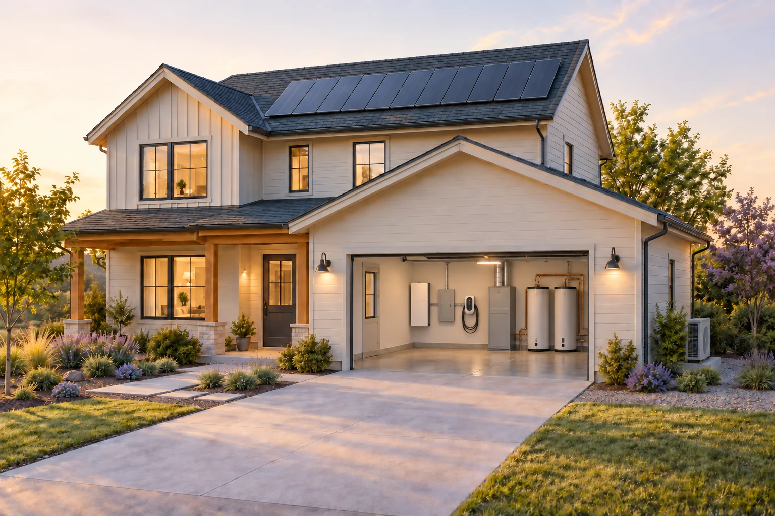 Home with solar and a garage containing a battery connected to a central smart panel and EV charger, an air handler and two tanks.